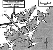 Атака британских сверхмалых подлодок на линкор «Тирпиц», проведенная 22.09.1943 в Альтенфьорде Источник: Шофилд Б. Арктические конвои. Северные морские сражения во Второй мировой войне 